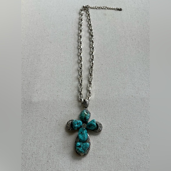 Turquoise Stone Cross Pendant Necklace – Western Boho Style - Picture 3 of 5